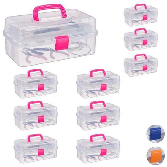 Boîte en plastique transparente, lot de 10, avec poignée, 9 compartiments pour petits objets, HLP: 14x33x19 cm, rose