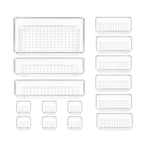 15PCS Ensemble DOrganisateur de Tiroir en Plastique Transparent 4Tailles Salle de Bain Polyvalente et Organisateur de Tiroir de