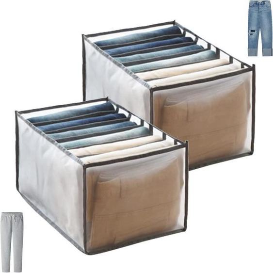 2 Pcs Jeans Organisateur Boîte de rangement de Tiroir Armoire Pliable en Maille, pour Rangement à Tiroirs Vetement Pantalon Gris