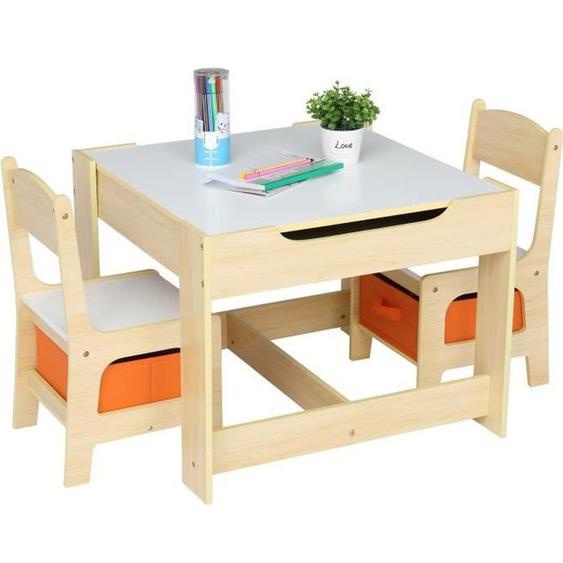 3 en 1 Ensemble de table et chaises enfant, avec 2 Face et 2 Boîtes de Rangement - 61.5x61.5x48cm