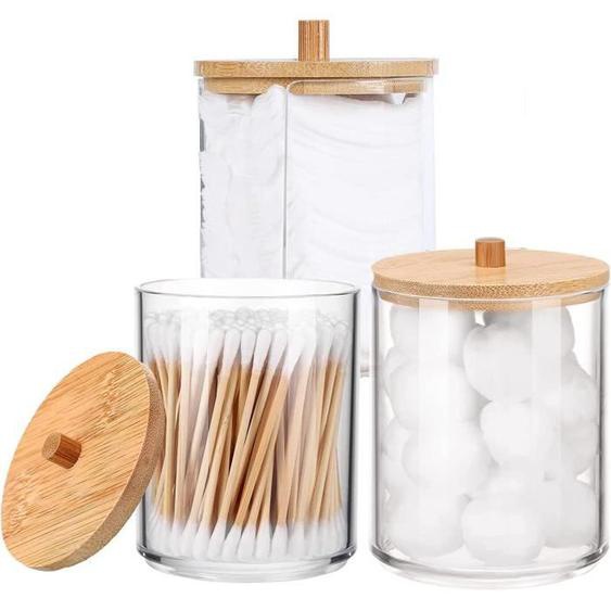 3 Pièces Porte-Qtip en Acrylique, Boîte à Coton-Tige Rond Pot, Boule de Coton-Tige Distributeur de Pots