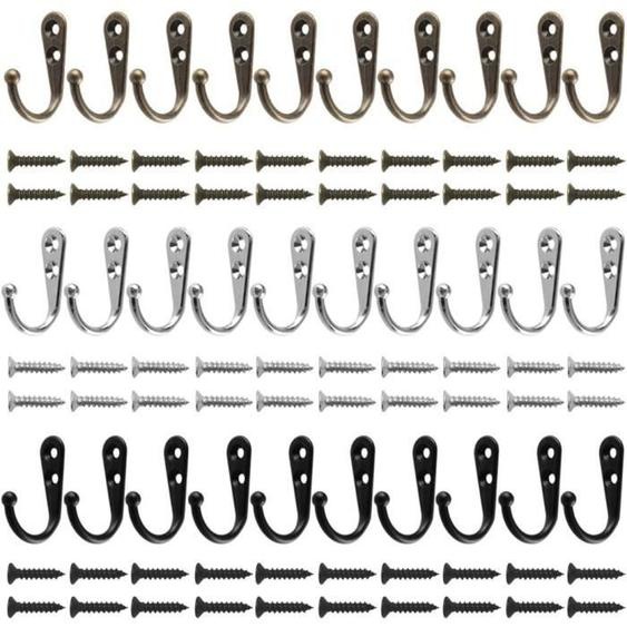 30 pièces Mural Patères Tissu Hanger Crochet à Peignoir avec 60 vis (Noir, Argent, Bronze)