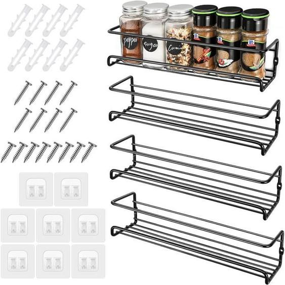 4 Pcs Etagere a Epices Murale, Porte Epices Cuisine avec Crochets Autocollants et Vis, sans Percage, Étagère à Épices, 29×6,8×6,5CM