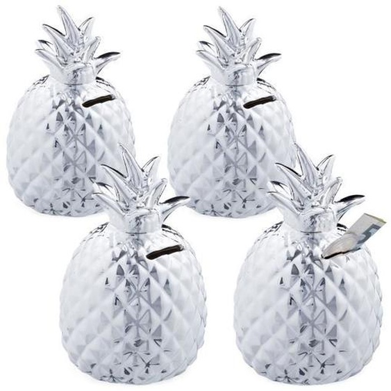 4 x Spardose Ananas, Dekofigur, Sparschwein mit Schloss, 2 Schlüssel, Keramik Sparbüchse, H x D 16 x 9 cm, Silber