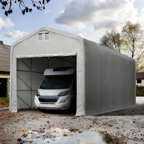 5x30 m, Tente garage de stockage, PRIMEtex 2300, porte 4,1x3,5 m, anti-feu, gris, avec statique (type de sol : béton) - (99423)