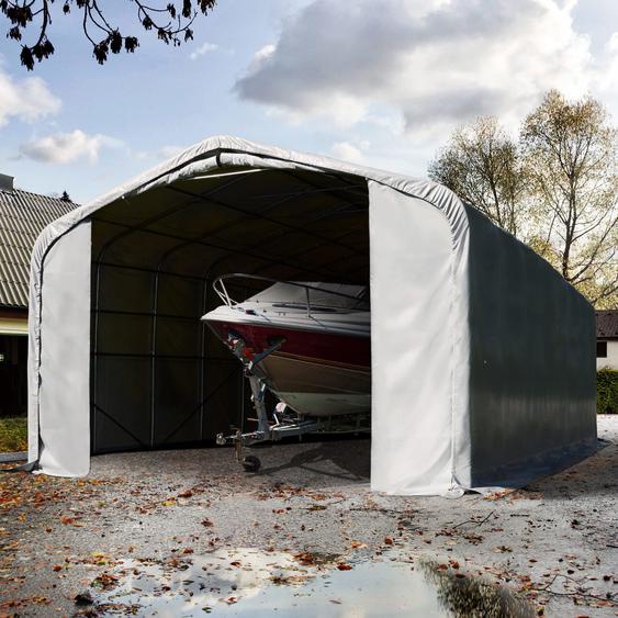 6x12 m, Tente garage de stockage, PRIMEtex 2300, porte 4,1x4,0 m, anti-feu, gris, avec statique (type de sol : béton) - (99449)