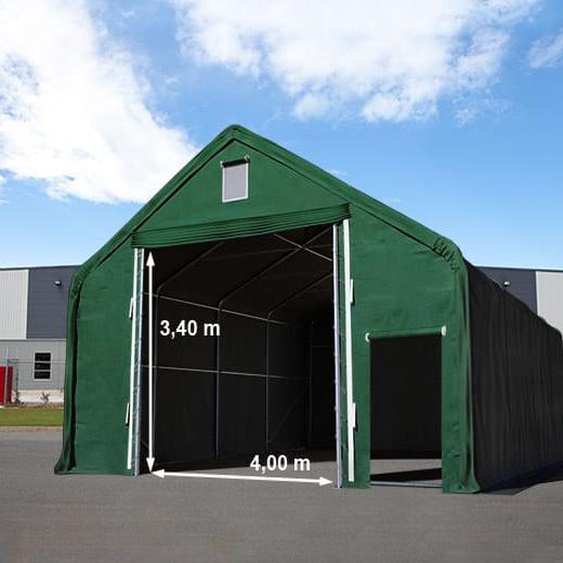 8x8 m hangar, porte 4x3,4 m, PRIMEtex 2300, anti-feu, vert foncé, avec statique (type de sol : béton) - (48850)