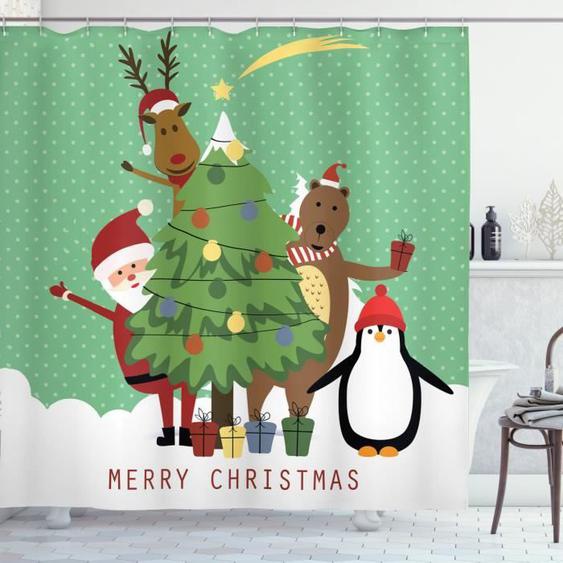 ABAKUHAUS Noël Rideau de Douche, Santa cerfs communs dours Penguin, 175 cm x 180 cm, Multicolor paon vert