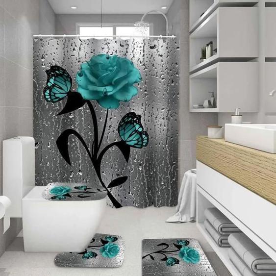 Accessoires salle de bain, Ensemble de salle de bain imprimé 3D papillon Rose bifairy bee rideau de douche et tapis - Type F, 4PCS