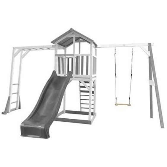 Aire de jeux avec échelle de singe 1 balançoire en bois et toboggan gris