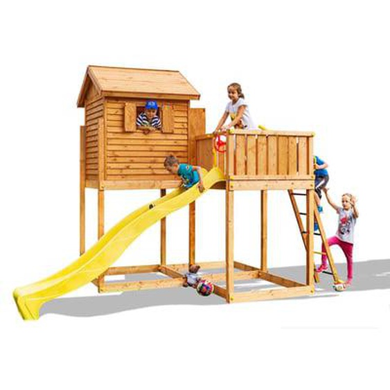 Aire de jeux en bois avec toboggan jaune, cabane et terrasse