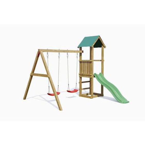 Aire de jeux en bois avec toboggan vert, double balançoire rouge