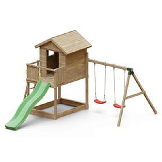 Aire de jeux en bois avec toboggan vert et maison