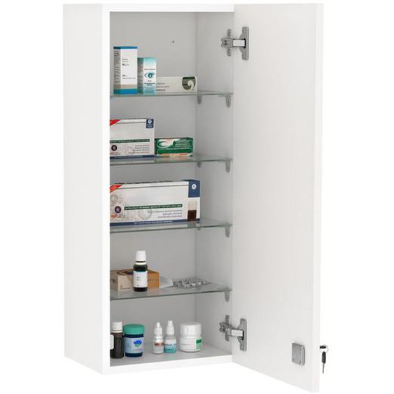 Armoire à pharmacie kleankin murale avec serrure, 5 étagères et tablettes réglables, bois et verre, blanc, 30x20x70cm