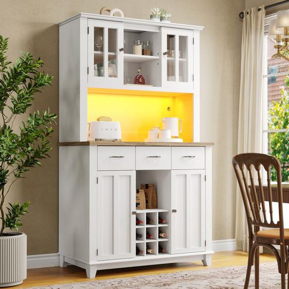 Armoire De Cuisine, Buffet, Vitrine Avec Étagères Réglables, Buffet Avec Éclairage LED, Tiroir Blanc, 106 X 40 X 179,5 Cm