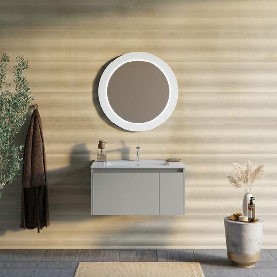 Armoire De Toilette 80cm Beige Sable Avec Miroir Rond Éclairé Par Led  Monaco