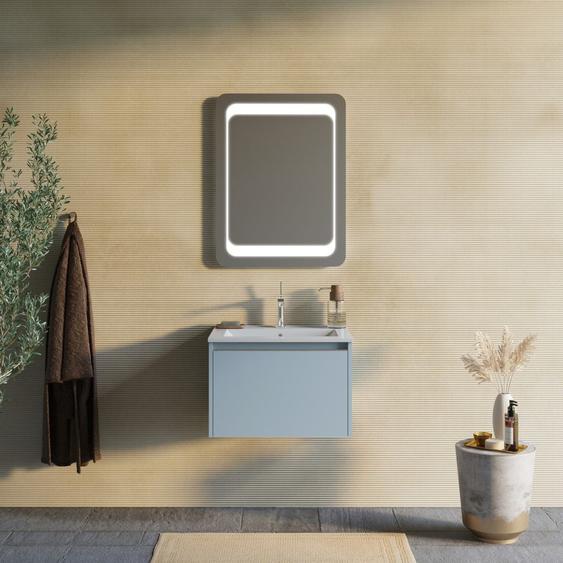 Armoire De Toilette Avec Tiroir 60cm Bleu Clair Mat Et Miroir 60x80 Monaco