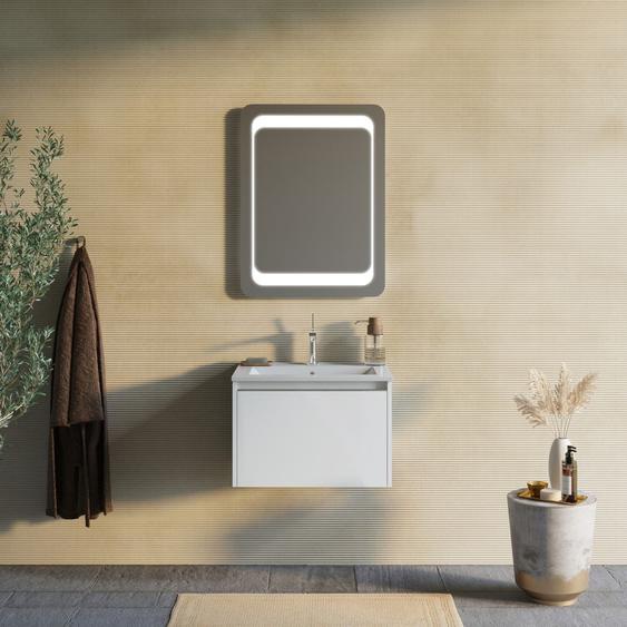 Armoire De Toilette Murale 60cm Blanc Mat Avec Miroir 60x80 Led  Monaco