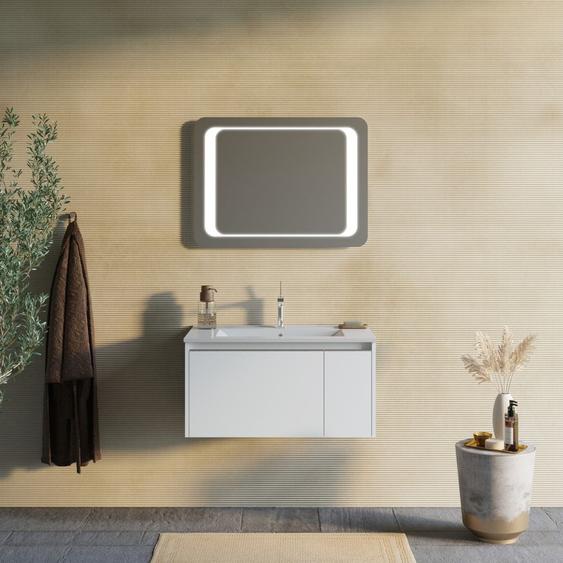 Armoire De Toilette Murale 80cm Blanc Mat Avec Miroir 60x80 Led  Monaco