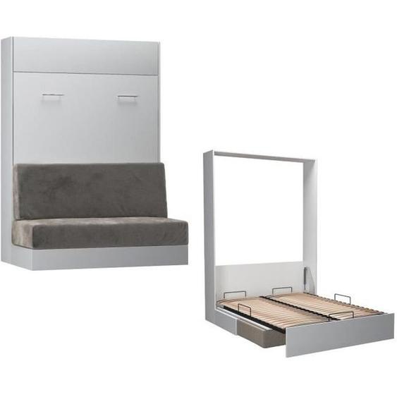 Armoire lit escamotable STUDIO SOFA blanc mat canapé intégré microfibre gris couchage 140*200 cm Inside75