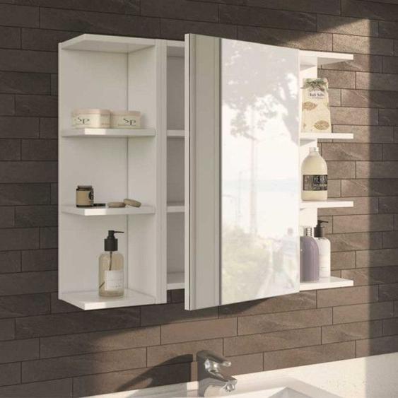 Armoire miroir 1 porte + 2 étagères dangle - DUBA - Blanc - Verre / Bois - Armoire : L 40 x l 21 x H 65 cm, Etagères : L 20 x l 19