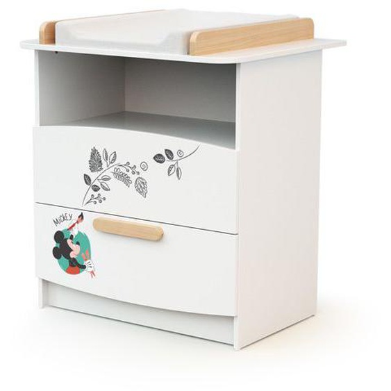 AT4 - Commode à langer DISNEY Doodle Zoo Mickey Blanc/hêtre - 2 tirois - Plan à langer amovible - P. 79 x L. 65 x H. 92 cm