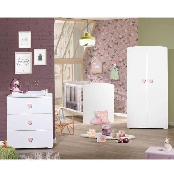 BABY PRICE Rose Cœur Chambre Complète - Lit Evolutif 70x140 + Armoire + commode à langer