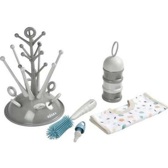 Beaba, Coffret Naissance, Egoutte Biberon Arbre Grey + Boite Doseuses Light/dark Mist + Goupillon Silicone + Bavoir Coton Tropical Gris