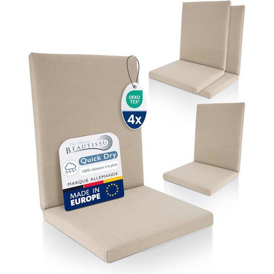 Beautissu 4x Coussin Chaise Jardin Bas Dossier 100% Imperméable 105x48 cm - Résistant-UV Confortable Facile à Entretenir Beige