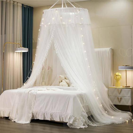 Blanc/Blanc. Ciel De Lit Princesse Pour Fille - Double Couche - Rideau En Maille Transparente - Rideau Rond En Dentelle - Tente