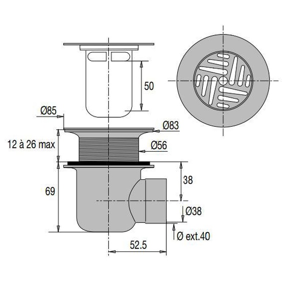 Bonde laiton de receveur avec grille D60 sortie horizontale à souder - VALENTIN - 00 302300 000 00