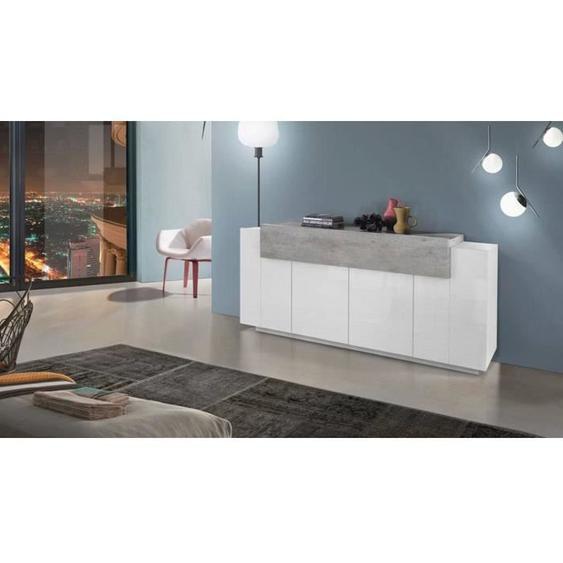 Buffet de cuisine avec 4 portes - DMORA - Loris - Blanc brillant et Ciment - Contemporain - Design