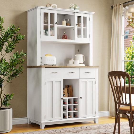 Buffet de Cuisine LED,Buffet Hahut Salon,Vitrine,4 portes 3 tiroir Multi niches,étagères Réglables,106x40x179.5cm,Blanc