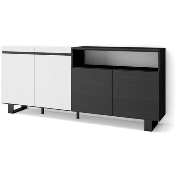 Buffet salon et cuisine, 200x35x87cm, 4 Portes, Design industriel, Blanc et noir, RF2396