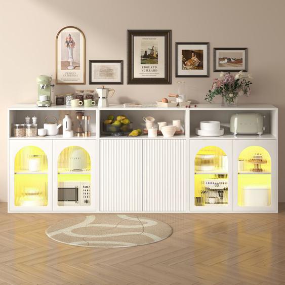 Buffet Salon LED avec 6 Porte ,Meuble dentrée ,Sideboard,Commode Armoire de Rangement pour Cuisine,Maison,210x35x90cm,Blanc