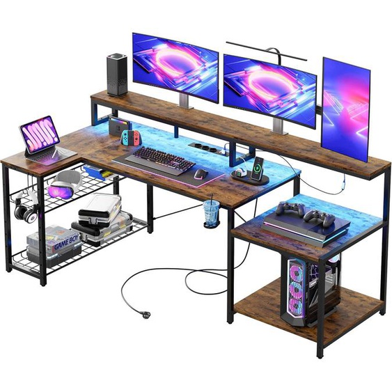 Bureau Dangle 181cm,Bureau De Jeu Avec Lumieres Led,Table De Jeu Pc Avec 3 Prises Secteur Et 2 Ports De Chargement Usb,Bureau Dordinateur Avec Etagere Pour Ecran Spacieuse,Marron