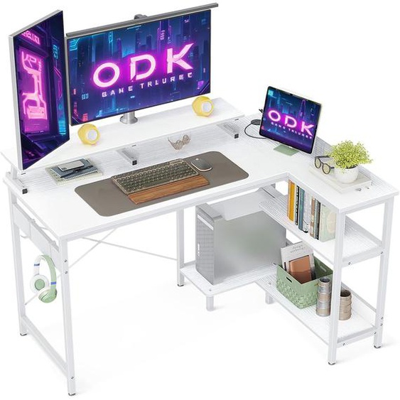 Bureau Dangle,Bureau En Forme De L Avec Etageres Reversibles,Bureau Gaming Angle,Bureau Dordinateur Avec Support Decran Et Crochets Pour Casque Decoute Pour Le Bureau(Blanc,120x80x88cm)