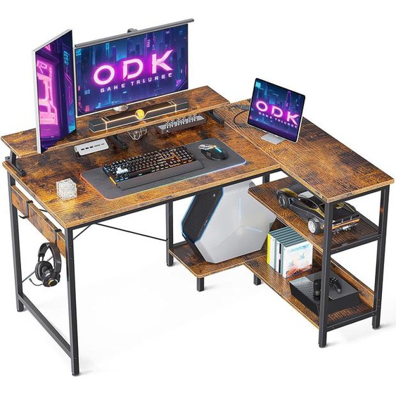 Bureau Dangle,Bureau En Forme De L Avec Etageres Reversibles,Bureau Gaming Angle,Bureau Dordinateur Avec Support Decran Et Crochets Pour Casque Decoute Pour Le Bureau(Marron,120x80x88cm)