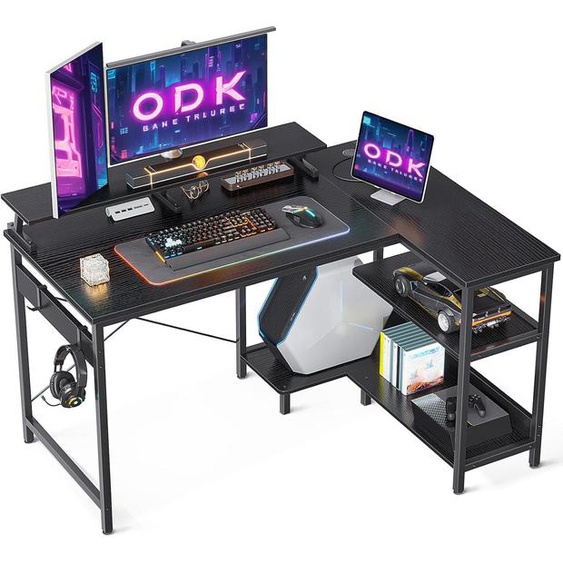 Bureau Dangle,Bureau En Forme De L Avec Etageres Reversibles,Bureau Gaming Angle,Bureau Dordinateur Avec Support Decran Et Crochets Pour Casque Decoute Pour Le Bureau(Noir,120x80x88cm)