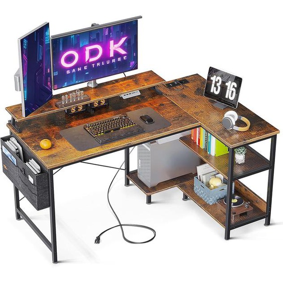 Bureau Dangle Dordinateur Gaming En Forme L Avec Port De Charge Usb Et Prise De Courant, 120*88*80 Cm Rangement Bureau Informatique Avec Support Décran (Marron)