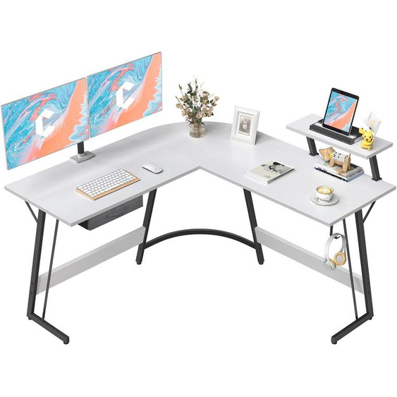 Bureau Dangle Gamer Gaming Informatique - 130 * 130 Cm Table En Forme L Avec Support Décran, Crochet Pour Casque, Rangement Tiroir, Pour Etudier, Jouer, Travailler, Domicile Blanc