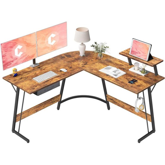 Bureau Dangle Gamer Gaming Informatique - 130*130 Cm Table En Forme L Avec Support Décran, Crochet Pour Casque, Rangement Tiroir, Pour Etudier, Jouer, Travailler, Domicile Marron Rustique