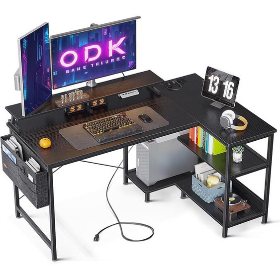 Bureau Dangle Gaming En Forme L Avec Port De Charge Usb Et Prise De Courant, 120*88*80 Cm Bureau Angle Dordinateur Avec Rangement Bureau En Forme De L Informatique Avec Support Décran (Noir)