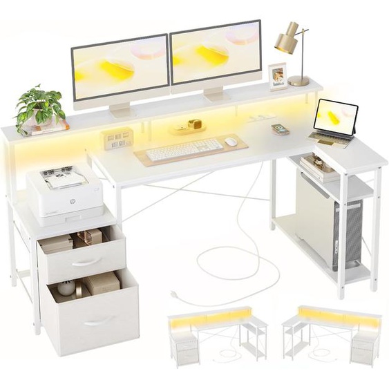 Bureau Dangle Led Prises Courant 165x80cm Ergonomique Bureau Forme L, 2 Tiroirs Etagères Rangement Réversibles, Grand Support Ecran, Moderne Table Ecriture Pour Etudier Jouer Chambre Maison