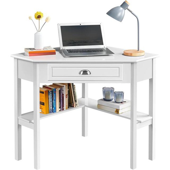 Bureau Dangle Poste De Travail Informatique Bureau En Bois Avec Tiroir Et Étagère De Rangement Design Classique Et Élégant 106 X 71,5 X 76,5 Cm Blanc