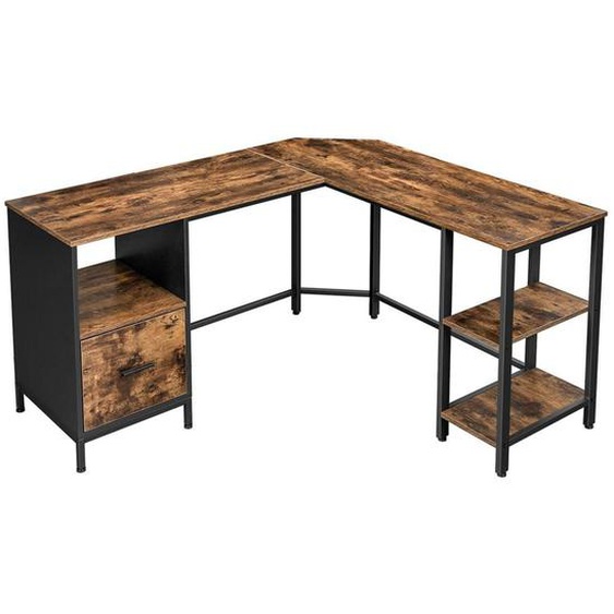 Bureau Dangle Table En Forme De L Avec Caisson À Dossiers Suspendus 2 Étagères Bureau À Domicile Montage Facile Cadre En Acier Style Industriel Marron Rustique Et Noir Helloshop26 12_0001336