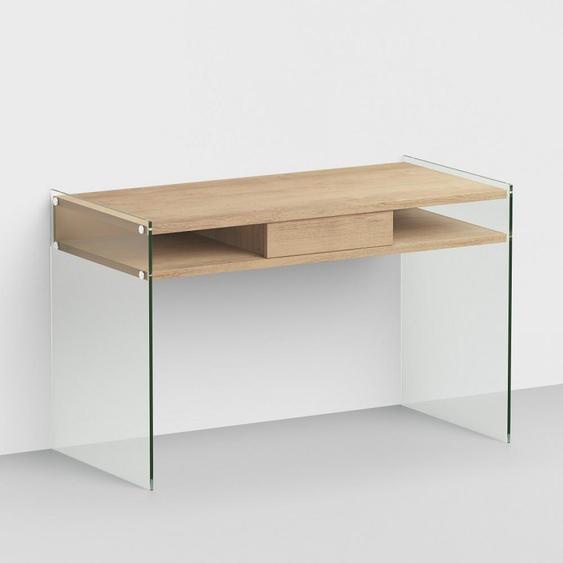 Bureau design VERONA 1 tiroir 2 casiers piétement verre clair plateau chêne