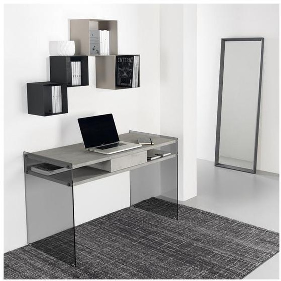 Bureau design VERONA 1 tiroir 2 casiers piétement verre fumé plateau gris béton