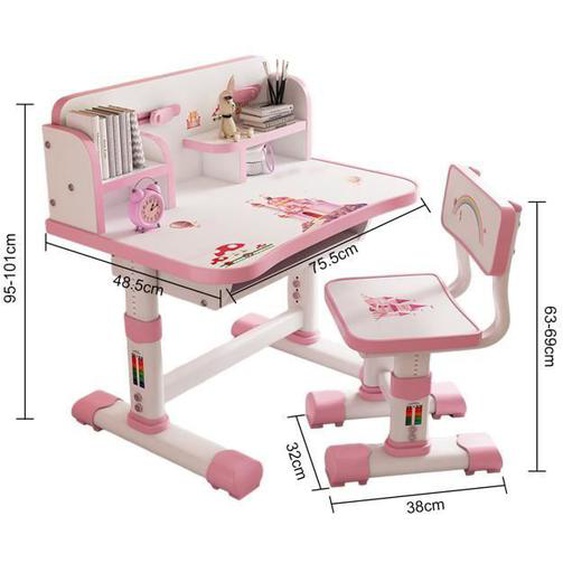 Bureau détude pour enfants avec chaises, bureau et bibliothèque pour enfants,table de devoirs détudiant,Réglable en hauteur,rose