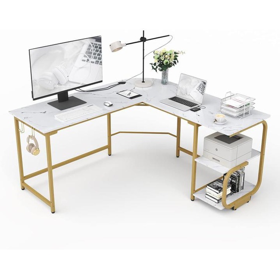 Bureau Dordinateur En Forme De L Avec Étagères G Pour Bureau À Domicile, Bureau Dangle Pour Petit Espace, Blanc + Cadre Doré